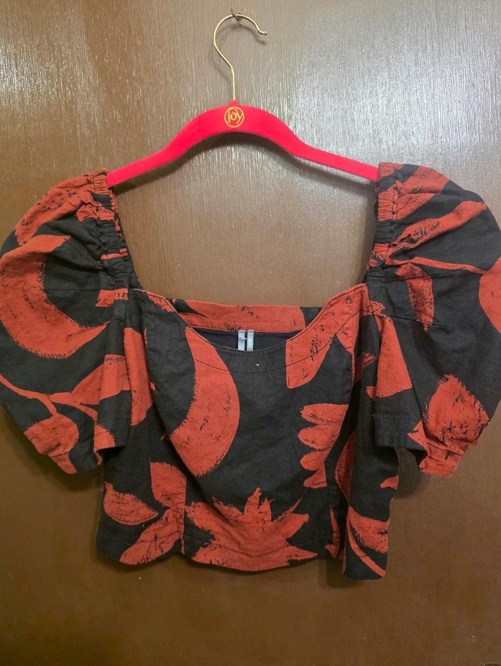 Anthropologie Black & Red Linen Puff Sleeve Crop Top, Size M
